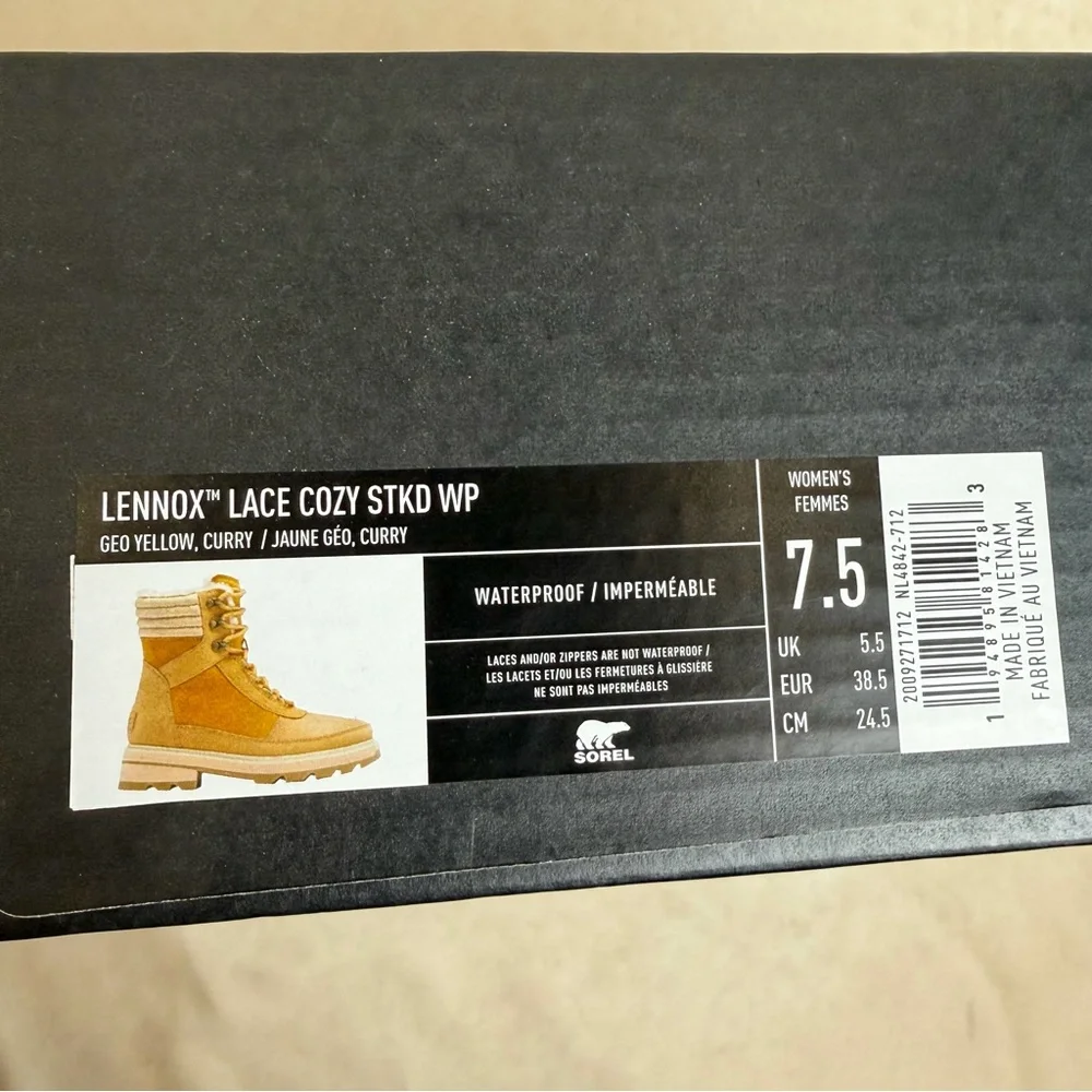 Sorel Lennox Lace Cozy WP Boots Geo Yellow Curry 7.5 Waterproof Insulated